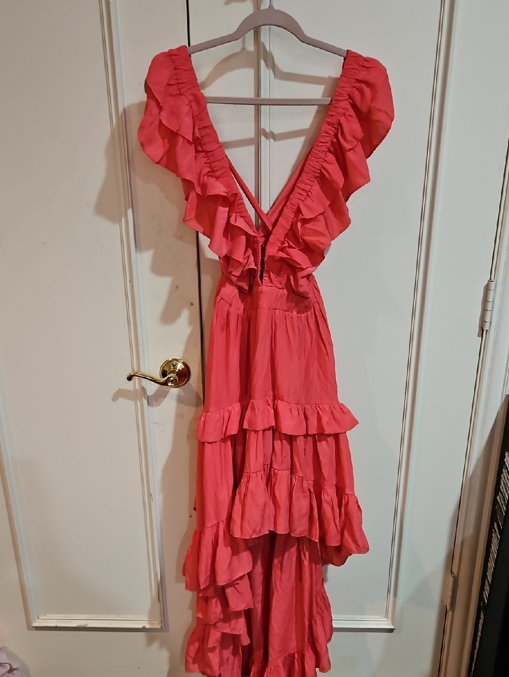 Source Unknown Coral Pink Asymmetrical Ruffle Maxi Dress